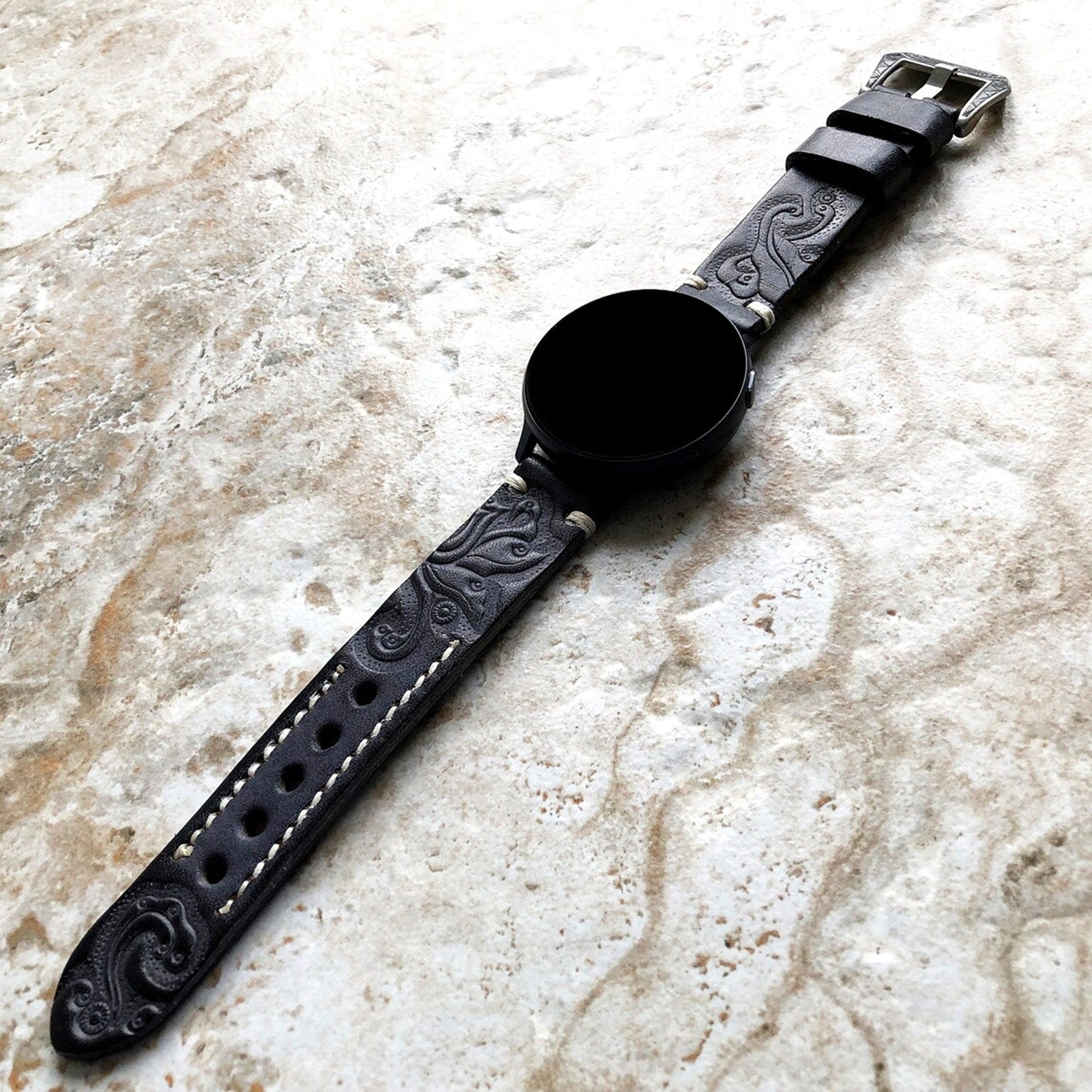 Google Pixel Watch 3 2 1 41mm Band Black and Gray Embossed Genuine Leather Bracelet Wristband Strap Fashion Accessory Tech Jewelry B20-A